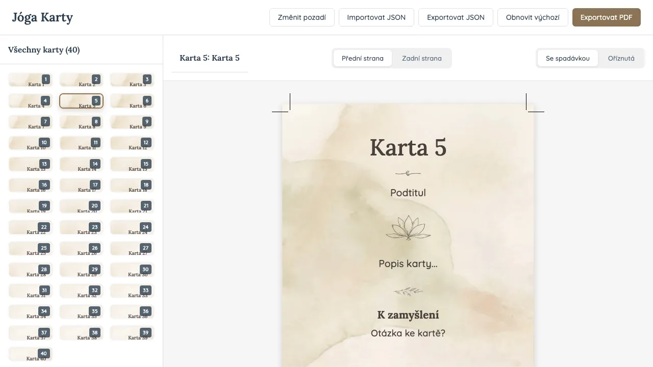 yoga-cards desktop interface — card grid, live preview with bleed marks, and toolbar